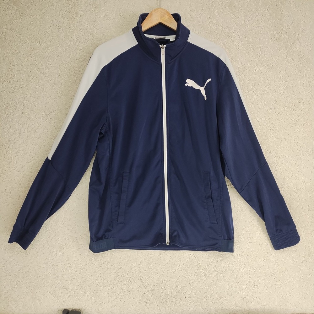 Puma Jacket Mens L Navy White Track Full Zip Athletic Logo Long Sleeve Warm-Up